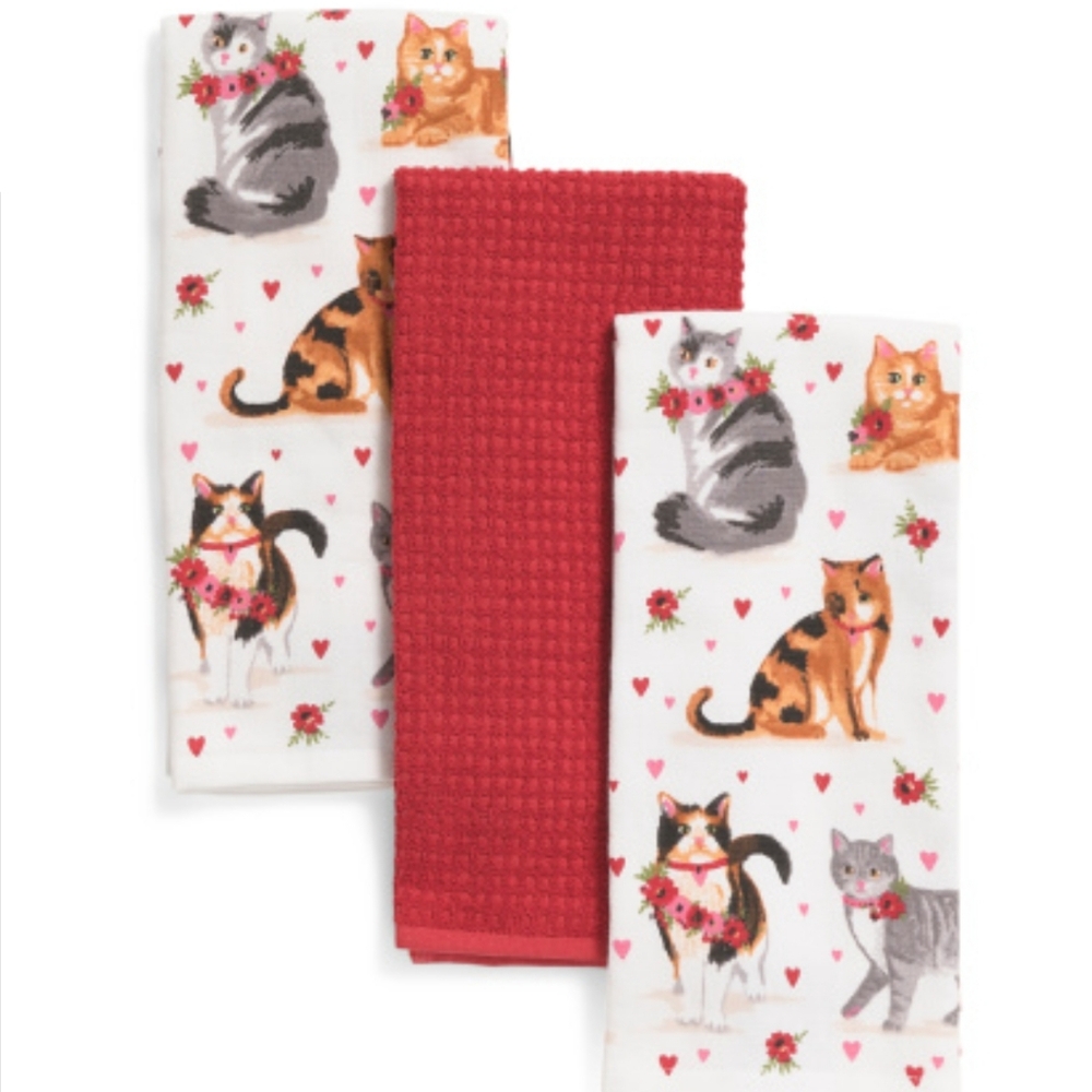 Cotton Bamboo Rayon Terry Kitchen Cat Print Towels 3 Pk Humane Society BNWT